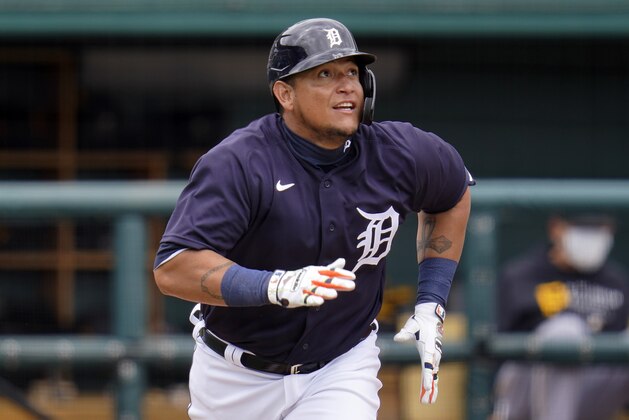 Detroit Tigers' Miguel Cabrera runs to first base as he watches his fourth inning solo home run, his first of the spring, off Pittsburgh Pirates starting pitcher Tyler Anderson during a spring training exhibition baseball game in Lakeland, Fla., Saturday, March 20, 2021. (AP Photo/Gene J. Puskar)