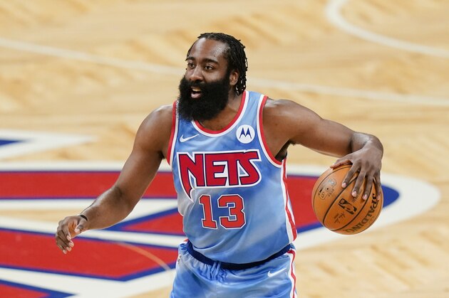 Brooklyn Nets' James Harden (13) during the first half of an NBA basketball game against the Houston Rockets Wednesday, March 31, 2021, in New York. (AP Photo/Frank Franklin II)