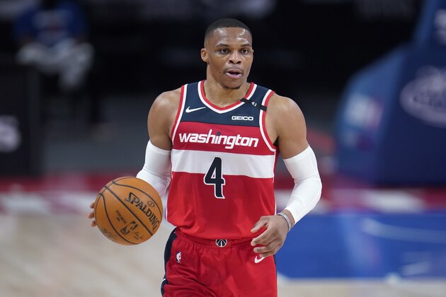 Washington Wizards guard Russell Westbrook plays against the Detroit Pistons in the first half of a NBA basketball game in Detroit, Thursday, April 1, 2021. (AP Photo/Paul Sancya)