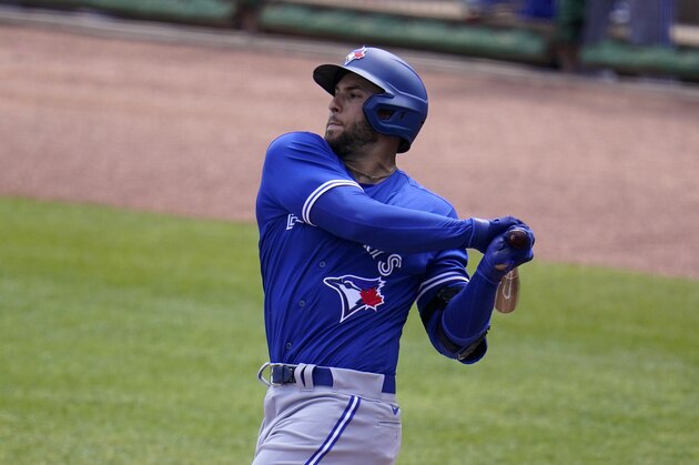 Toronto Blue Jays' George Springer bats during a spring training exhibition baseball game against the Philadelphia Phillies in Clearwater, Fla., Tuesday, March 16, 2021. (AP Photo/Gene J. Puskar)