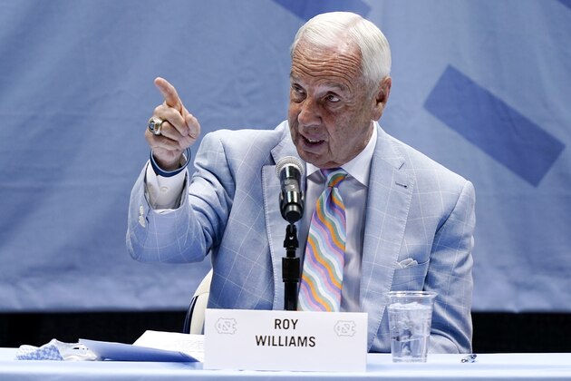 North Carolina Head Basketball Coach Roy Williams speaks with members of the media during a news conference, Thursday, April 1, 2021, in Chapel Hill, N.C. Williams is retiring after 33 seasons and 903 wins as a college basketball head coach. The Hall of Fame coach led the University of North Carolina to three NCAA championships in 18 seasons as head coach of the Tar Heels. (AP Photo/Gerry Broome)