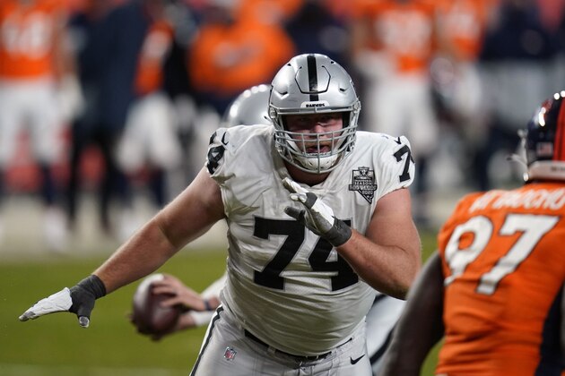 FILE - In this Sunday, Jan. 3, 2021 file photo, Las Vegas Raiders offensive tackle Kolton Miller (74) in the first second half of an NFL football game in Denver. The Las Vegas Raiders have agreed to a contract extension with left tackle Kolton Miller that will keep him locked up through the 2025 season. The deal reached Tuesday, March 30, 2021 was announced by Miller's agents at Octagon Football. The contract includes the 2022 fifth-year option and three additional seasons and is worth $68.7 million.(AP Photo/David Zalubowski, File)