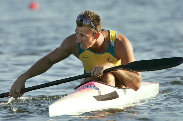 Nathan Baggaley of Australia reacts after he took the second place in the Men's K1 500 meter final to take the silver medal, during the kayak flatwater event at the 2004 Olympic Games in Schinias near Athens, Greece, Saturday, Aug. 28, 2004. (AP Photo/Vincent Thian)