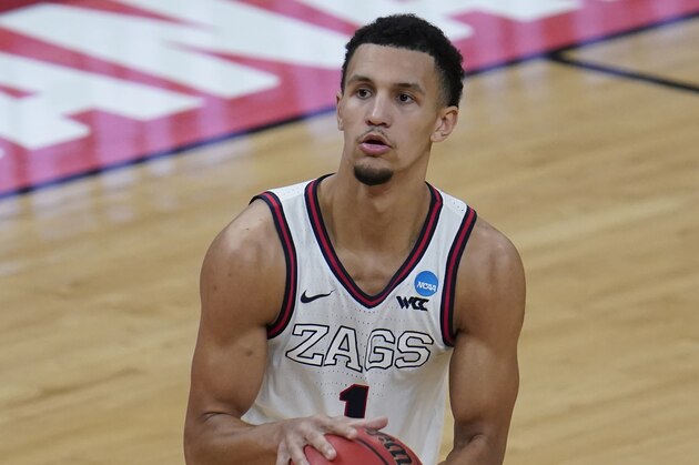Gonzaga guard Jalen Suggs plays against Norfolk State during the second half of a men's college basketball game in the first round of the NCAA tournament at Bankers Life Fieldhouse in Indianapolis, Saturday, March 20, 2021. (AP Photo/Paul Sancya)