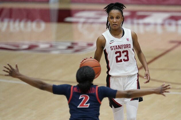 Stanford guard Kiana Williams (23) is defended by Arizona guard Aari McDonald (2) during an NCAA college basketball game in Stanford, Calif., Monday, Feb. 22, 2021. (AP Photo/Jeff Chiu)