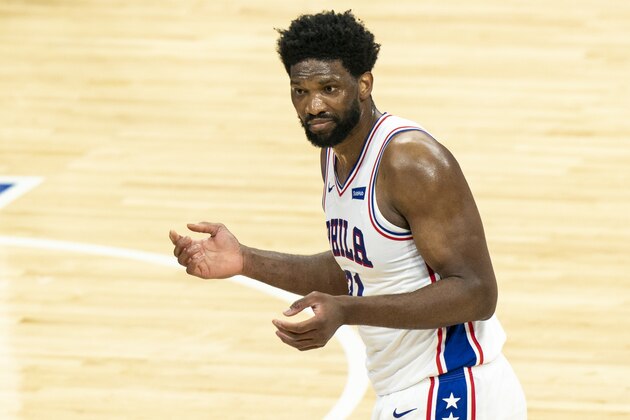 Philadelphia 76ers' Joel Embiid reacts to no call on a shot at the end of the first half of the team's NBA basketball game against the Minnesota Timberwolves, Saturday, April 3, 2021, in Philadelphia. (AP Photo/Chris Szagola)
