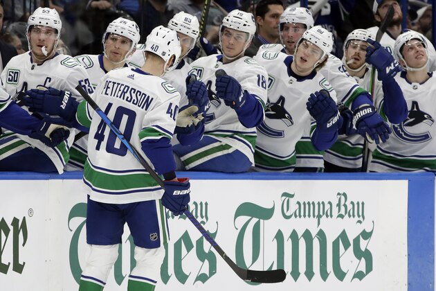Vancouver Canucks center Elias Pettersson (40) celebrates with the bench after scoring against the Tampa Bay Lightning during the first period of an NHL hockey game Tuesday, Jan. 7, 2020, in Tampa, Fla. (AP Photo/Chris O'Meara)