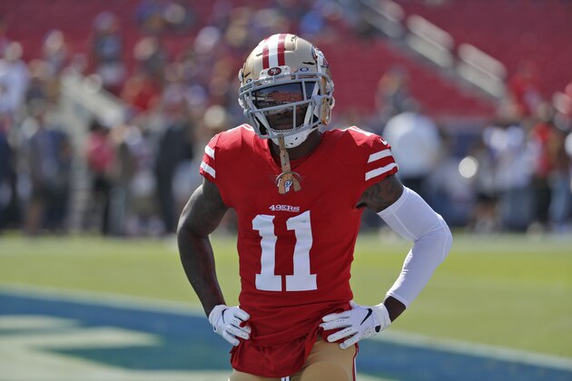 San Francisco 49ers' Marquise Goodwin (11) warms up before an NFL football game against the Los Angeles Rams Sunday, Oct. 13, 2019, in Los Angeles. (AP Photo/John Locher)