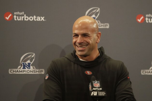 San Francisco 49ers defensive coordinator Robert Saleh speaks at a news conference at the team's NFL football training facility in Santa Clara, Calif., Thursday, Jan. 16, 2020. The 49ers are scheduled to host the Green Bay Packers in the NFC Championship game Sunday. (AP Photo/Jeff Chiu)
