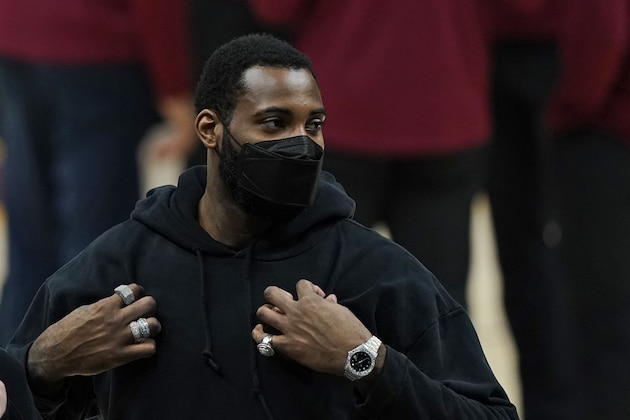 Cleveland Cavaliers' Andre Drummond is shown during a timeout in the second half of an NBA basketball game against the Oklahoma City Thunder, Sunday, Feb. 21, 2021, in Cleveland. (AP Photo/Tony Dejak)