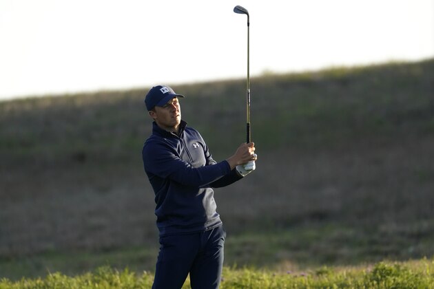 Jordan Spieth watches his shot on the 11th hole during the first round of the Texas Open golf tournament, Thursday, April 1, 2021, in San Antonio. (AP Photo/Eric Gay)