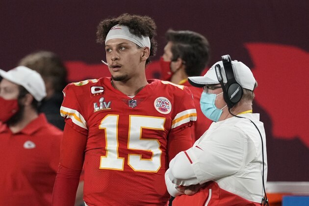 Kansas City Chiefs quarterback Patrick Mahomes watches from the sideline during the second half of the NFL Super Bowl 55 football game against the Tampa Bay Buccaneers Sunday, Feb. 7, 2021, in Tampa, Fla. (AP Photo/Chris O'Meara)