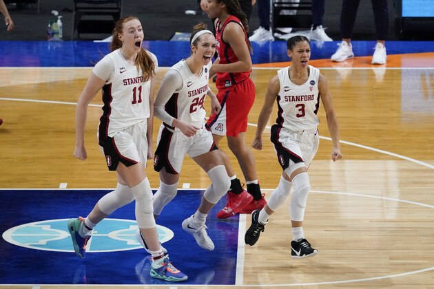 Stanford forward Ashten Prechtel (11), guard Lacie Hull (24) and guard Anna Wilson (3) celebrate during the first half of the championship game against Arizona in the women's Final Four NCAA college basketball tournament, Sunday, April 4, 2021, at the Alamodome in San Antonio. (AP Photo/Eric Gay)