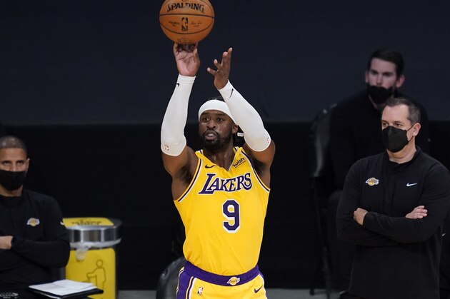 Los Angeles Lakers guard Wesley Matthews (9) takes a shot during the second quarter of an NBA basketball game against the Oklahoma City Thunder Wednesday, Feb. 10, 2021, in Los Angeles. (AP Photo/Ashley Landis)