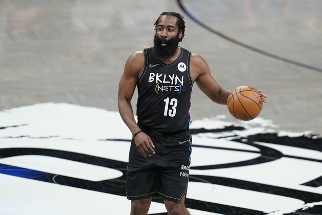 Brooklyn Nets' James Harden looks to pass during the first half of an NBA basketball game against the New York Knicks Monday, April 5, 2021, in New York. (AP Photo/Frank Franklin II)