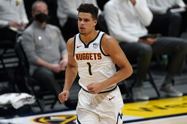 Denver Nuggets forward Michael Porter Jr. (1) in the first helf of an NBA basketball game Monday, March 15, 2021, in Denver. (AP Photo/David Zalubowski)