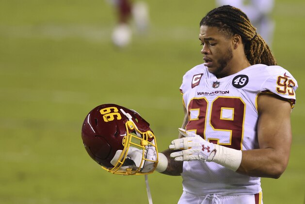 Washington Football Team's Chase Young (99) in action against the Philadelphia Eagles during an NFL football game, Sunday, Jan. 3, 2021, in Philadelphia. Washington defeated the Eagles 20-14. (AP Photo/Rich Schultz)