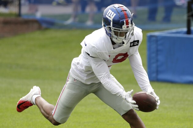 New York Giants wide receiver Travis Rudolph (19) works out during NFL football training camp, Tuesday, Aug. 21, 2018, in East Rutherford, N.J. (AP Photo/Julio Cortez)