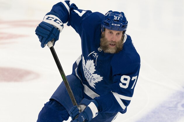 Toronto Maple Leafs center Joe Thornton (97) during an NHL hockey game against the Ottawa Senators, Monday, Feb. 15, 2021, in Toronto, Canada. (AP Photo/Peter Power)