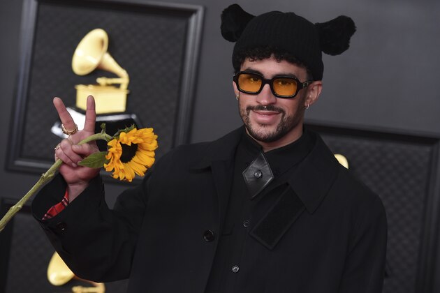 Bad Bunny arrives at the 63rd annual Grammy Awards at the Los Angeles Convention Center on Sunday, March 14, 2021. (Photo by Jordan Strauss/Invision/AP)