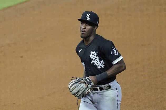 Chicago White Sox shortstop Tim Anderson (7) runs to the dugout during a baseball game against the Los Angeles Angels Saturday, April 3, 2021, in Anaheim, Calif. (AP Photo/Ashley Landis)