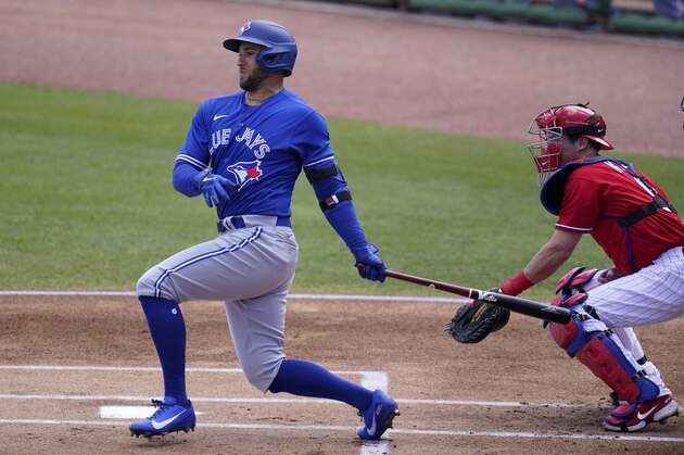 Toronto Blue Jays' George Springer bats during a spring training exhibition baseball game against the Philadelphia Phillies in Clearwater, Fla., Tuesday, March 16, 2021. (AP Photo/Gene J. Puskar)