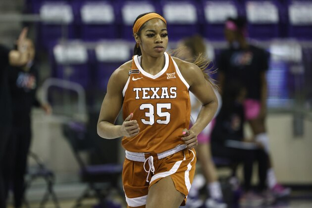 Texas forward Charli Collier (35) runs the court against TCU during the first half of an NCAA college basketball game, Sunday, March 7, 2021, in Fort Worth, Texas. (AP Photo/Ron Jenkins)