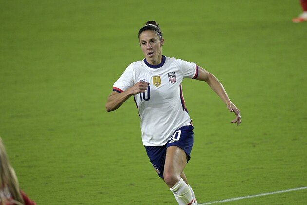 United States forward Carli Lloyd (10) follows a play during the second half of a SheBelieves Cup women's soccer match against Canada, Thursday, Feb. 18, 2021, in Orlando, Fla. (AP Photo/Phelan M. Ebenhack)