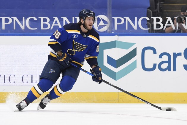 St. Louis Blues' Mike Hoffman (68) skates against the Anaheim Ducks during the first period of an NHL hockey game Friday, March 26, 2021, in St. Louis. (AP Photo/Joe Puetz)