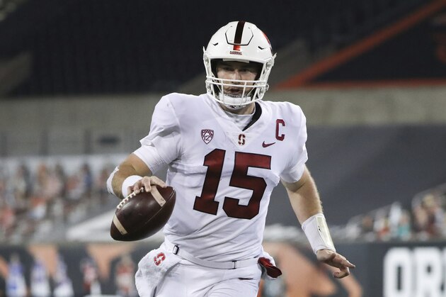 Stanford quarterback Davis Mills (15) plays during the second half of an NCAA college football game against Oregon State in Corvallis, Ore., Saturday, Dec. 12, 2020. Stanford won 27-24. (AP Photo/Amanda Loman)