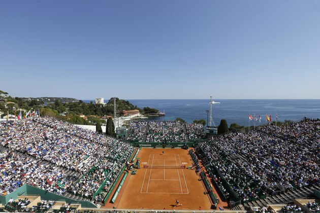 A general view of the central court during the quarterfinal match between France's Lucas Pouille and Uruguay's Pablo Cuevas at the Monte Carlo Tennis Masters tournament in Monaco , Friday, April, 21, 2017. (AP Photo/Claude Paris)
