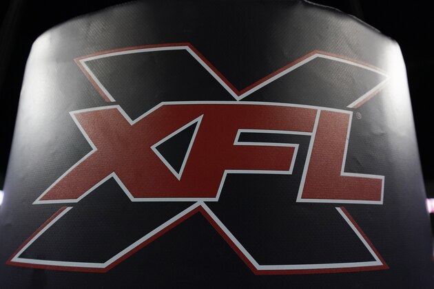 The XFL logo is on a goal post pad after an XFL football game, Saturday, Feb. 8, 2020, in Houston. (AP Photo/Matt Patterson)