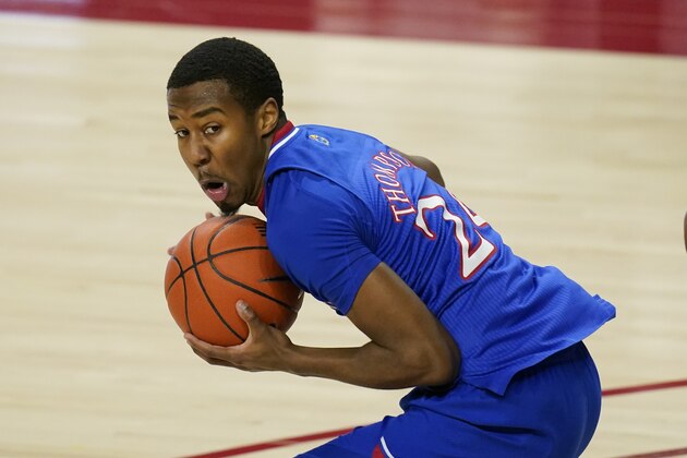 Kansas guard Bryce Thompson during the first half of an NCAA college basketball game against Iowa State, Saturday, Feb. 13, 2021, in Ames, Iowa. (AP Photo/Charlie Neibergall)