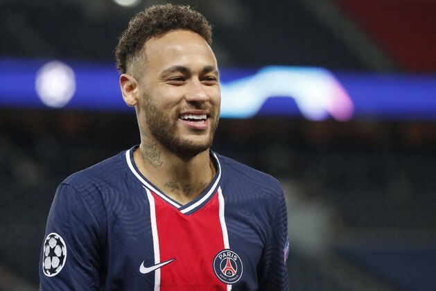 PSG's Neymar smiles during the Champions League, second leg, quarterfinal soccer match between Paris Saint Germain and Bayern Munich at the Parc des Princes stadium, in Paris, France, Tuesday, April 13, 2021. (AP Photo/Francois Mori)