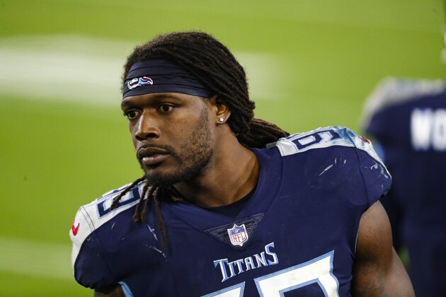 Tennessee Titans linebacker Jadeveon Clowney (99) stands on the sideline in the second half of an NFL football game against the Indianapolis Colts Thursday, Nov. 12, 2020, in Nashville, Tenn. (AP Photo/Wade Payne)