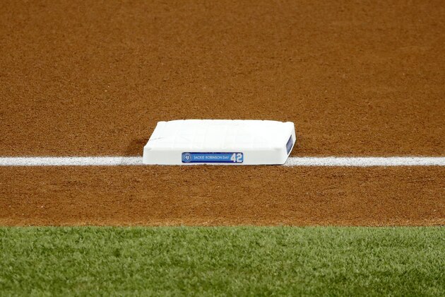 TEST TEST TEST. The Jackie Robinson Day logo is displayed on third base prior to a baseball game between the Texas Rangers and Los Angeles Dodgers in Arlington, Texas, Sunday, August 30, 2020. (AP Photo/Roger Steinman)