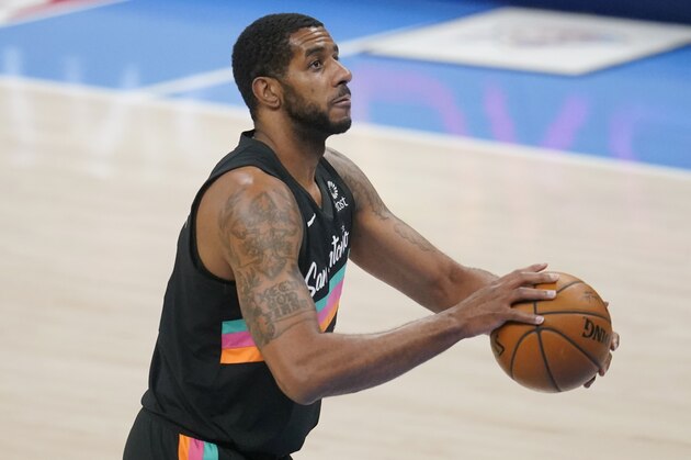 San Antonio Spurs center LaMarcus Aldridge (12) during an NBA basketball game against the Oklahoma City Thunder, Wednesday, Feb. 24, 2021, in Oklahoma City. (AP Photo/Sue Ogrocki)