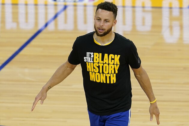Golden State Warriors guard Stephen Curry against the Denver Nuggets during an NBA basketball game in San Francisco, Monday, April 12, 2021. (AP Photo/Jeff Chiu)