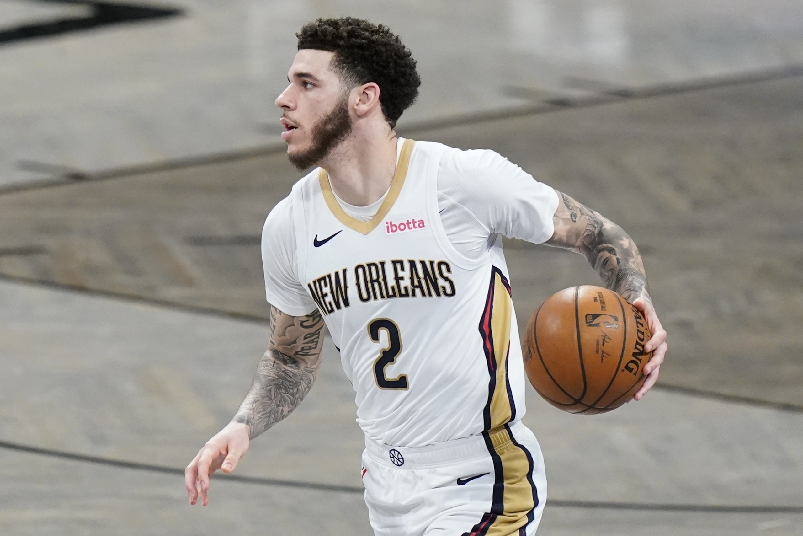 New Orleans Pelicans' Lonzo Ball (2) during the second half of an NBA basketball game against the Brooklyn Nets Wednesday, April 7, 2021, in New York. (AP Photo/Frank Franklin II) New Orleans Pelicans' Lonzo Ball (2) during the second half of an NBA basketball game against the Brooklyn Nets Wednesday, April 7, 2021, in New York. (AP Photo/Frank Franklin II)