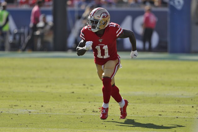San Francisco 49ers wide receiver Marquise Goodwin (11) during the second half of an NFL football game against the Los Angeles Rams Sunday, Oct. 13, 2019, in Los Angeles. (AP Photo/John Locher)