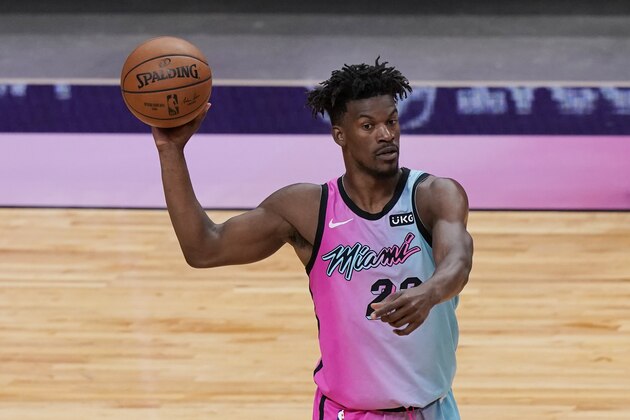 Miami Heat forward Jimmy Butler (22) gestures during a NBA basketball game against the Los Angeles Lakers, Thursday, April 8, 2021, in Miami. (AP Photo/Marta Lavandier)