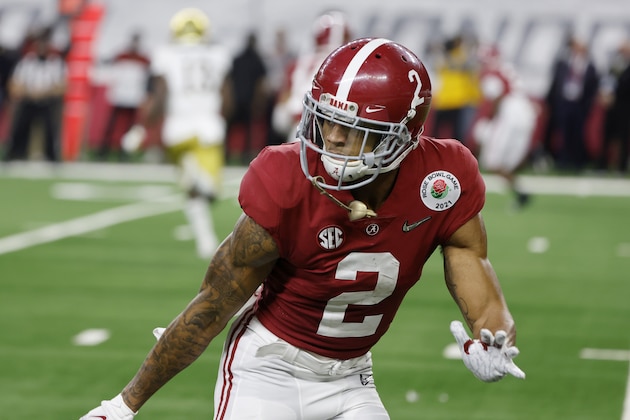 Alabama defensive back Patrick Surtain II (2) defends against Notre Dame during the Rose Bowl NCAA college football game in Arlington, Texas, Friday, Jan. 1, 2021. (AP Photo/Michael Ainsworth)