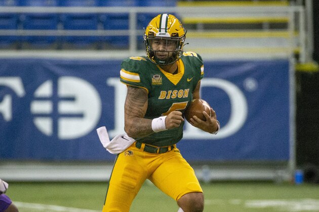 North Dakota State quarterback Trey Lance rushes against Central Arkansas in the first quarter of an NCAA college football game Saturday, Oct. 3, 2020, in Fargo, N.D. North Dakota State won 39-28. (AP Photo/Bruce Kluckhohn)