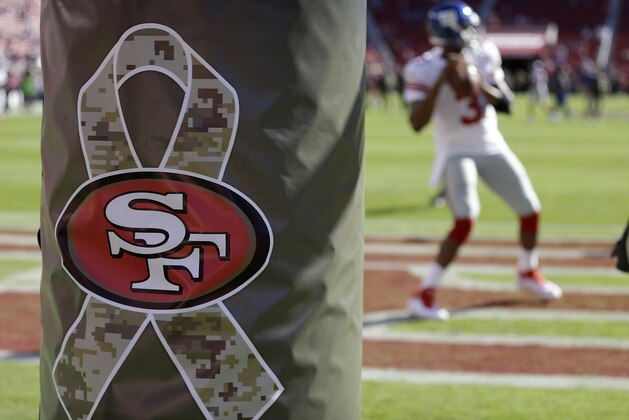 A Salute to Service logo is shown before an NFL football game between the San Francisco 49ers and the New York Giants in Santa Clara, Calif., Sunday, Nov. 12, 2017. (AP Photo/Ben Margot)