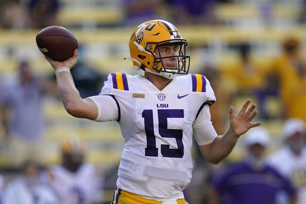 LSU quarterback Myles Brennan (15) passes in the second half an NCAA college football game against Mississippi State in Baton Rouge, La., Saturday, Sept. 26, 2020. Mississippi State won 44-34. (AP Photo/Gerald Herbert)