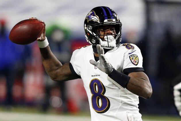 Baltimore Ravens quarterback Lamar Jackson (8) throws a pass for an interception during the second half of an NFL divisional round football game against the Buffalo Bills Saturday, Jan. 16, 2021, in Orchard Park, N.Y. The Bills won 17-3. (AP Photo/Jeffrey T. Barnes)