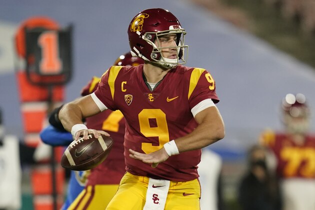 Southern California quarterback Kedon Slovis (9) throws a pass during an NCAA football game against UCLA Saturday, Dec 12, 2020, in Pasadena, Calif. (AP Photo/Ashley Landis)