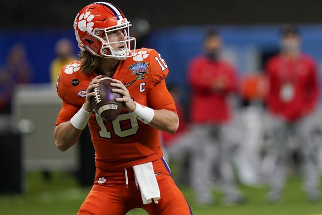 Clemson quarterback Trevor Lawrence warms up before the Sugar Bowl NCAA college football game against Ohio State Friday, Jan. 1, 2021, in New Orleans. (AP Photo/Gerald Herbert)