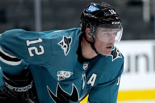 San Jose Sharks center Patrick Marleau (12) in action against the Anaheim Ducks during the second period of an NHL hockey game on Wednesday April 14, 2021, in San Jose, Calif. (AP Photo/ Tony Avelar)