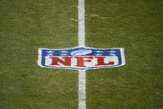 NFL logo on the field before an NFL football game between the Denver Broncos and the Las Vegas Raiders, Sunday, Jan. 3, 2021, in Denver. (AP Photo/Jack Dempsey)